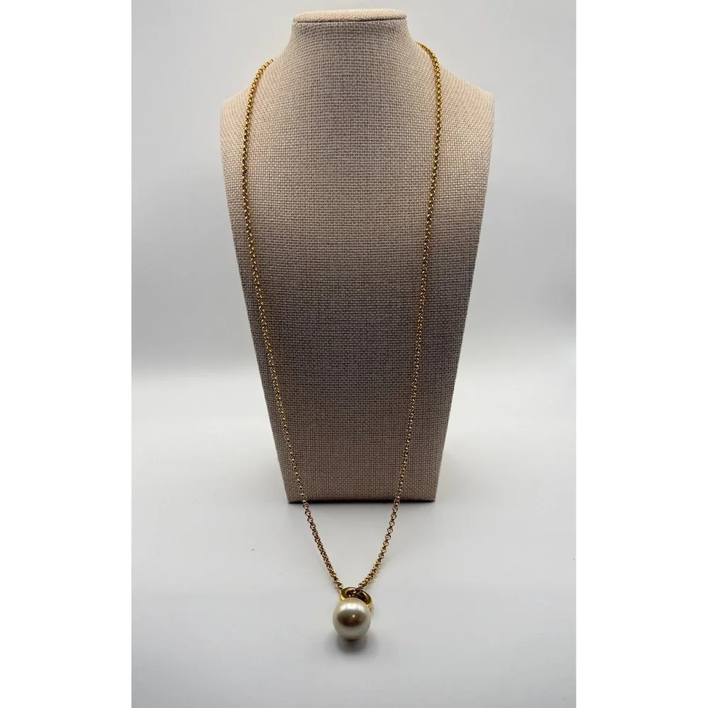 Regal OS Gold Faux Pearl Pendant Long Chain Necklace Minimalist Elegant